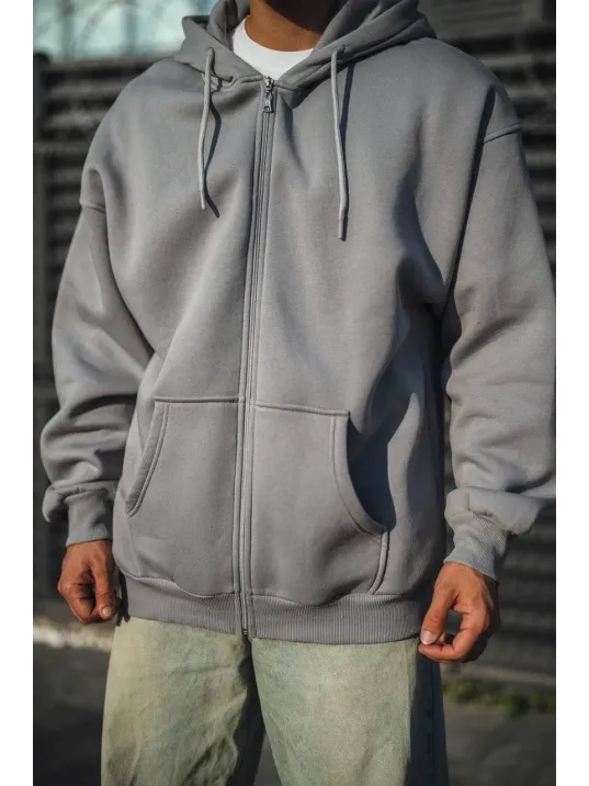 Oversize Tam Fermuarlı Uzun Kol Hırka - Gri