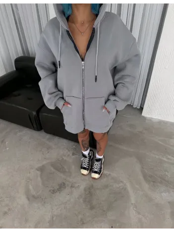 Oversize Tam Fermuarlı Uzun Kol Hırka - Gri