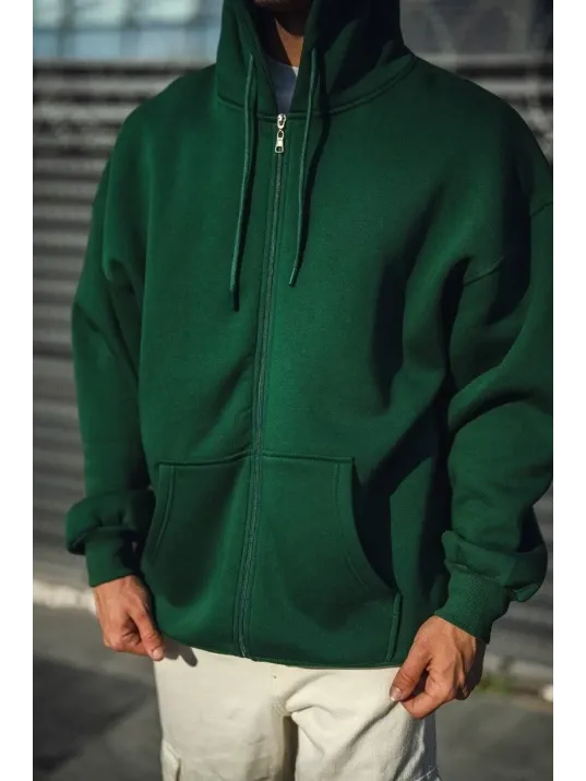 Oversize Tam Fermuarlı Uzun Kol Hırka - Haki