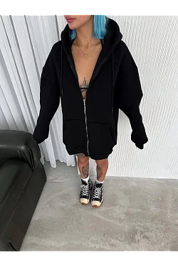 Kadın Tam Fermuarlı Cepli Kapüşonlu 3 İplik Pamuklu Hoodie Sweatshirt - Siyah