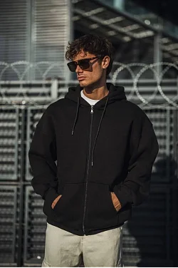 Erkek Tam Fermuarlı Cepli Kapüşonlu 3 İplik Pamuklu Hoodie Sweatshirt - Siyah