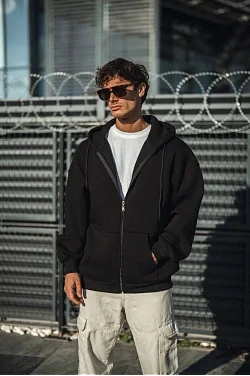 Erkek Tam Fermuarlı Cepli Kapüşonlu 3 İplik Pamuklu Hoodie Sweatshirt - Siyah Erkek Tam Fermuarlı Cepli Kapüşonlu 3 İplik Pamuklu Hoodie Sweatshirt - Siyah