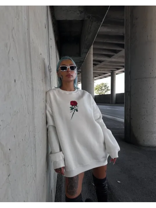 Oversize Üç İplik Bisiklet Yaka Baskılı SweatShirt - Beyaz