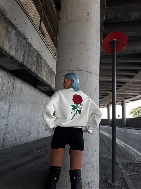 Oversize Üç İplik Bisiklet Yaka Baskılı Sweatshirt - Beyaz