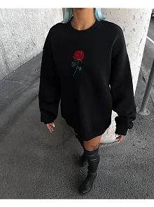Oversize Üç İplik Bisiklet Yaka Baskılı Sweatshirt - Siyah