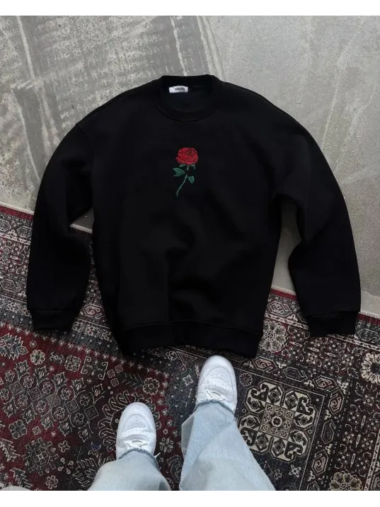 Oversize Üç İplik Bisiklet Yaka Baskılı SweatShirt - Siyah