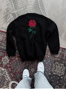 Oversize Üç İplik Bisiklet Yaka Baskılı Sweatshirt - Siyah