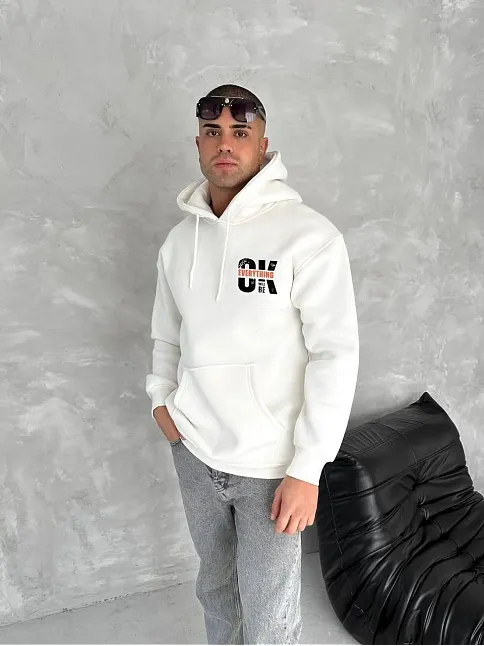 Oversize Üç İplik Kapüşonlu Sweatshirt - Beyaz