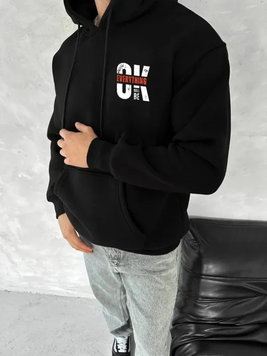 Oversize Üç İplik Kapüşonlu Sweatshirt - Siyah