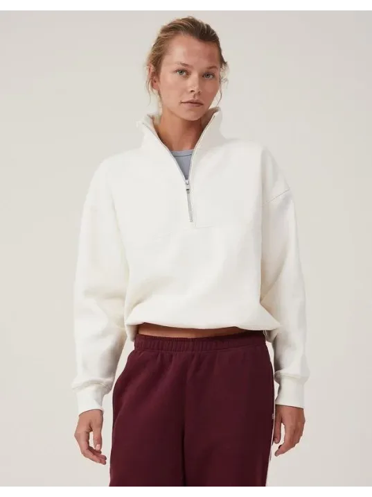 Oversize Yarım Farmuarlı Yakalı Basic SweatShirt - Beyaz Oversize Yarım Farmuarlı Yakalı Basic SweatShirt - Beyaz