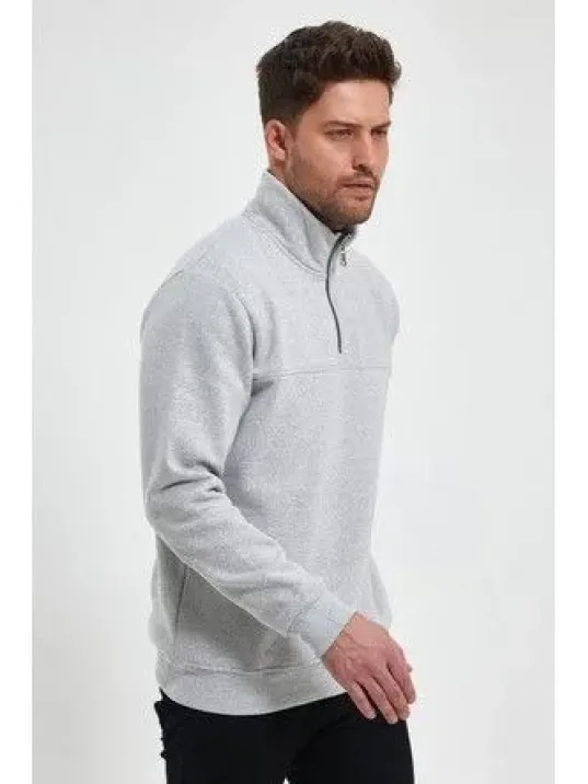 Oversize Yarım Farmuarlı Yakalı Basic SweatShirt - Gri