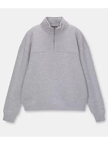 Oversize Yarım Farmuarlı Yakalı Basic Sweatshirt - Gri