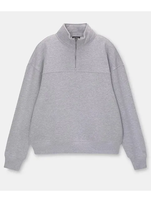Oversize Yarım Farmuarlı Yakalı Basic Sweatshirt - Gri