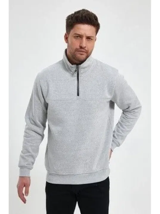 Oversize Yarım Farmuarlı Yakalı Basic SweatShirt - Gri Oversize Yarım Farmuarlı Yakalı Basic SweatShirt - Gri