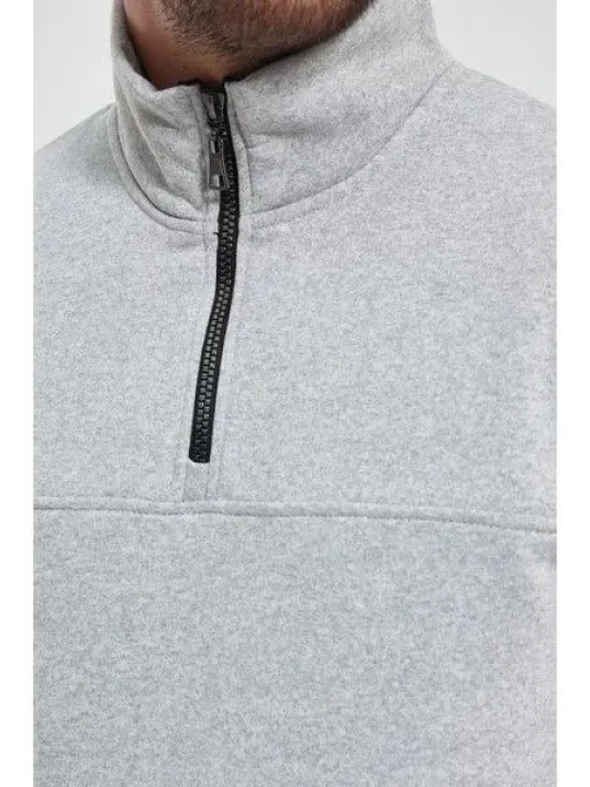 Oversize Yarım Farmuarlı Yakalı Basic SweatShirt - Gri