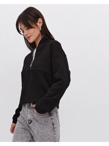 Oversize Yarım Farmuarlı Yakalı Basic SweatShirt - Siyah