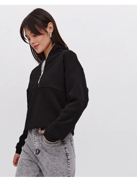 Oversize Yarım Farmuarlı Yakalı Basic SweatShirt - Siyah