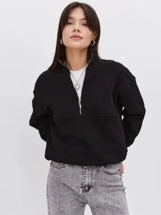 Oversize Yarım Farmuarlı Yakalı Basic SweatShirt - Siyah Oversize Yarım Farmuarlı Yakalı Basic SweatShirt - Siyah