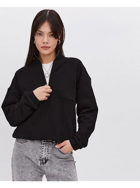 Oversize Yarım Farmuarlı Yakalı Basic Sweatshirt - Siyah