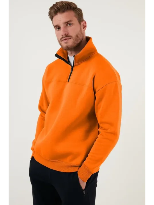 Oversize Yarım Farmuarlı Yakalı Basic SweatShirt - Turuncu