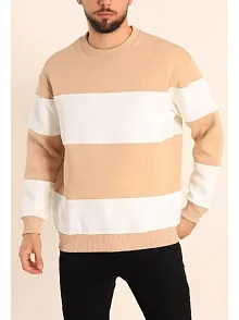 Parçalı Bisiklet Yaka Baskılı Sweatshirt - Bej