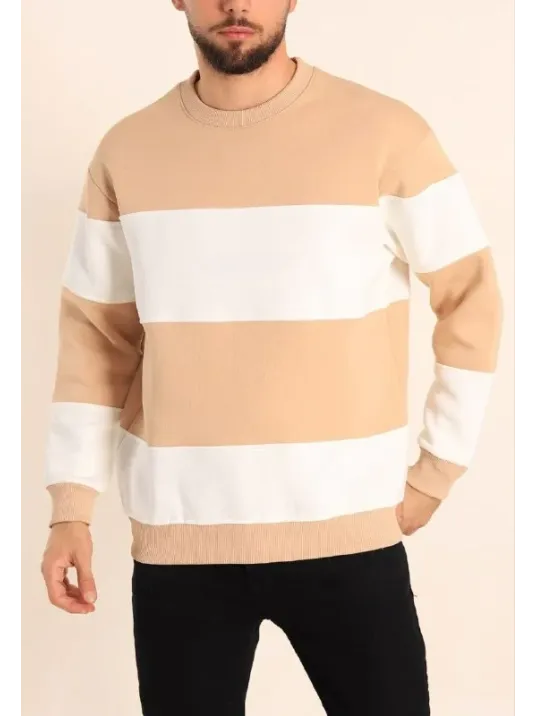 Parçalı Bisiklet Yaka Baskılı SweatShirt - Bej Parçalı Bisiklet Yaka Baskılı SweatShirt - Bej