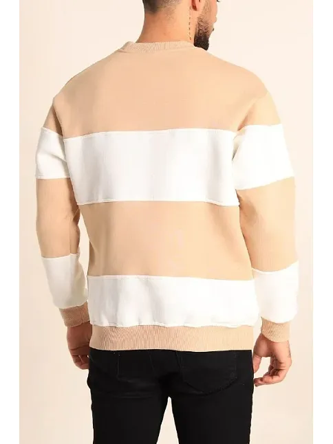 Parçalı Bisiklet Yaka Baskılı Sweatshirt - Bej