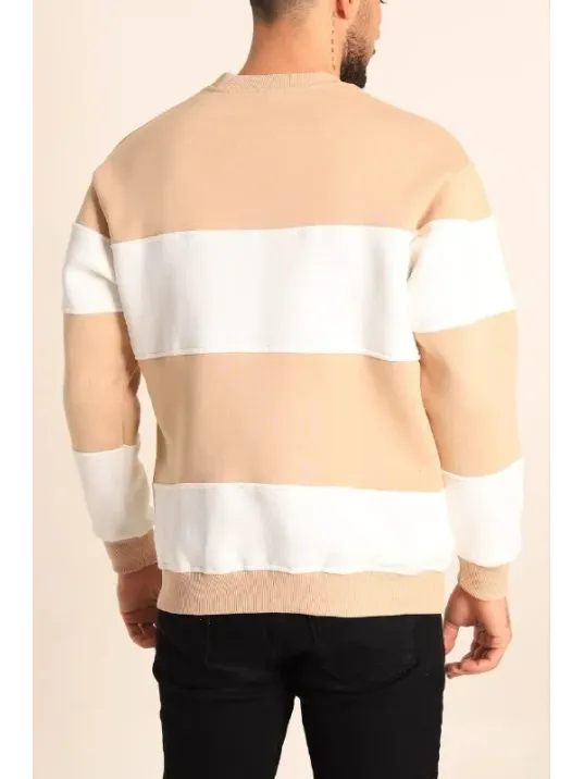 Parçalı Bisiklet Yaka Baskılı SweatShirt - Bej