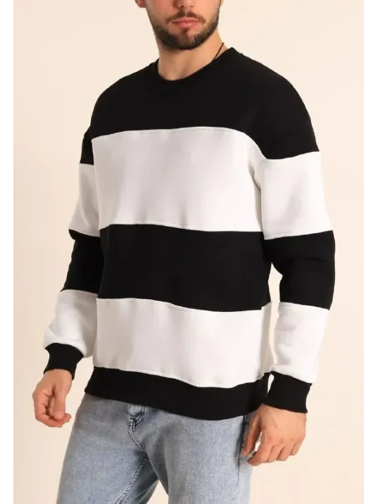 Parçalı Bisiklet Yaka Baskılı SweatShirt - Siyah Parçalı Bisiklet Yaka Baskılı SweatShirt - Siyah