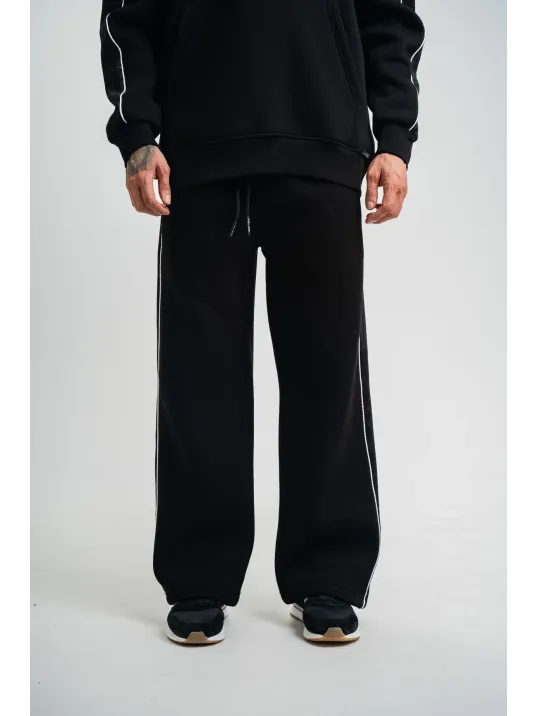 Üç İplik İçi Pamuklu Ara Biyeli Baskılı Baggy Eşofman Pantolon - Siyah