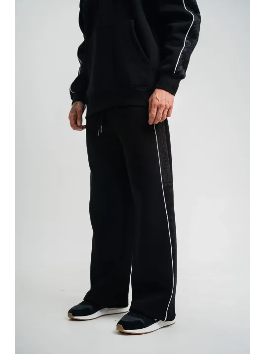 Üç İplik İçi Pamuklu Ara Biyeli Baskılı Baggy Eşofman Pantolon - Siyah