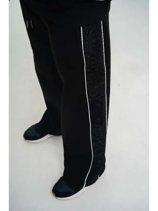 Üç İplik İçi Pamuklu Ara Biyeli Baskılı Baggy Eşofman Pantolon - Siyah