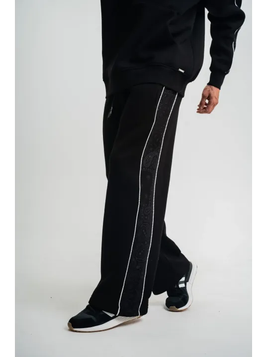 Üç İplik İçi Pamuklu Ara Biyeli Baskılı Baggy Eşofman Pantolon - Siyah