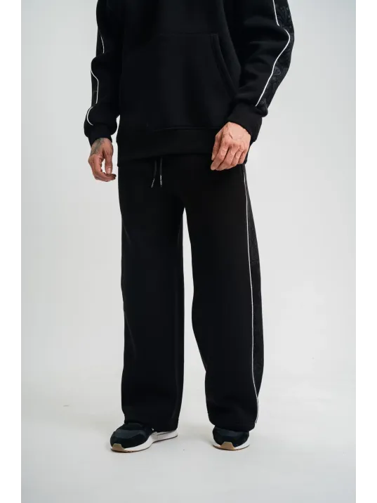 Üç İplik İçi Pamuklu Ara Biyeli Baskılı Baggy Eşofman Pantolon - Siyah