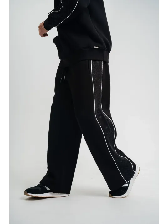 Üç İplik İçi Pamuklu Ara Biyeli Baskılı Baggy Eşofman Pantolon - Siyah