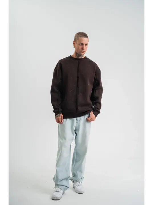 Unisex Bisiklet Yaka Özel Pis Dikişli Yıkamalı SweatShirt - Kahve Unisex Bisiklet Yaka Özel Pis Dikişli Yıkamalı SweatShirt - Kahve