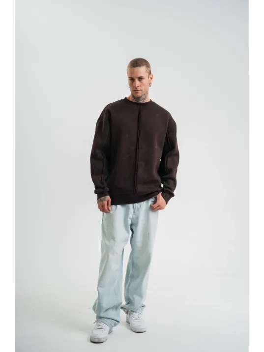 Unisex Bisiklet Yaka Özel Pis Dikişli Yıkamalı SweatShirt - Kahve Unisex Bisiklet Yaka Özel Pis Dikişli Yıkamalı SweatShirt - Kahve