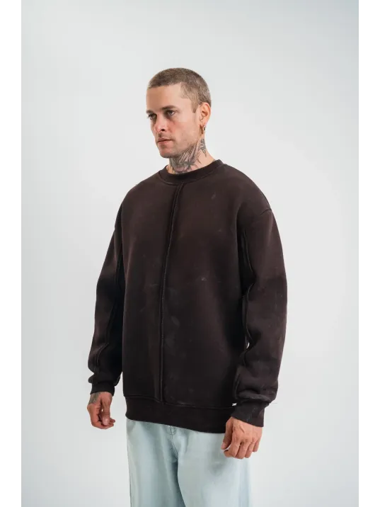 Unisex Bisiklet Yaka Özel Pis Dikişli Yıkamalı SweatShirt - Kahve Unisex Bisiklet Yaka Özel Pis Dikişli Yıkamalı SweatShirt - Kahve