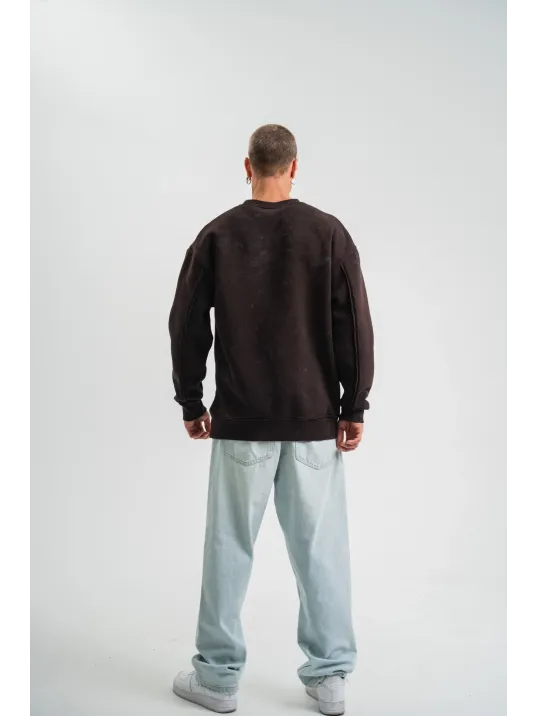 Unisex Bisiklet Yaka Özel Pis Dikişli Yıkamalı SweatShirt - Kahve Unisex Bisiklet Yaka Özel Pis Dikişli Yıkamalı SweatShirt - Kahve