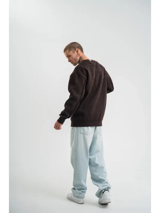 Unisex Bisiklet Yaka Özel Pis Dikişli Yıkamalı SweatShirt - Kahve Unisex Bisiklet Yaka Özel Pis Dikişli Yıkamalı SweatShirt - Kahve