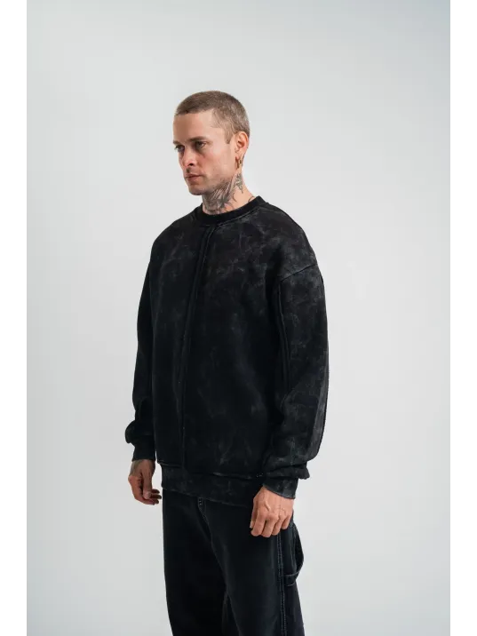 Unisex Bisiklet Yaka Özel Pis Dikişli Yıkamalı SweatShirt - Siyah