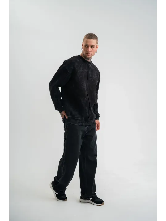 Unisex Bisiklet Yaka Özel Pis Dikişli Yıkamalı SweatShirt - Siyah