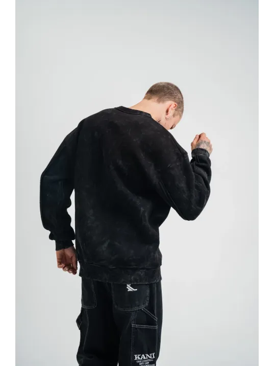 Unisex Bisiklet Yaka Özel Pis Dikişli Yıkamalı SweatShirt - Siyah