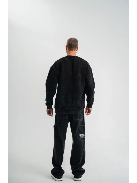 Unisex Bisiklet Yaka Özel Pis Dikişli Yıkamalı SweatShirt - Siyah