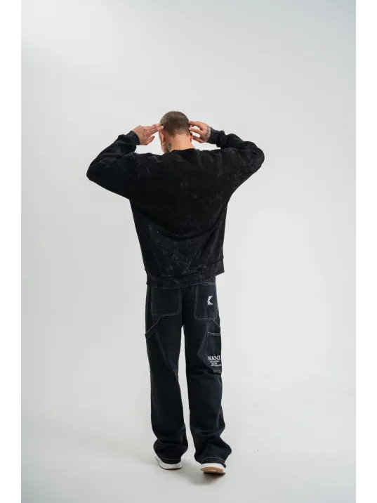 Unisex Bisiklet Yaka Özel Pis Dikişli Yıkamalı SweatShirt - Siyah