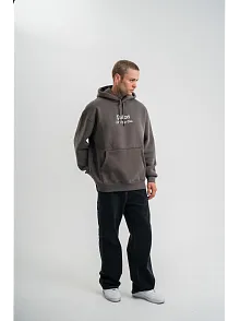 Üç İplik Kapşonlu Dijital Patchli Sweatshirt - Füme