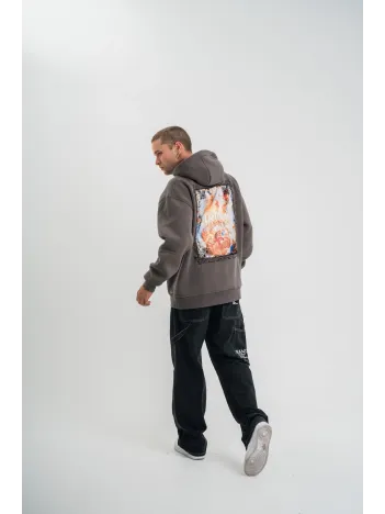 Üç İplik Kapşonlu Dijital Patchli SweatShirt - Füme Üç İplik Kapşonlu Dijital Patchli SweatShirt - Füme