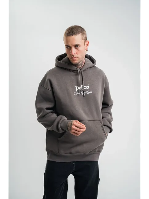 Üç İplik Kapşonlu Dijital Patchli Sweatshirt - Füme