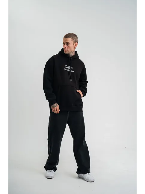 Üç İplik Kapşonlu Dijital Patchli Sweatshirt - Siyah