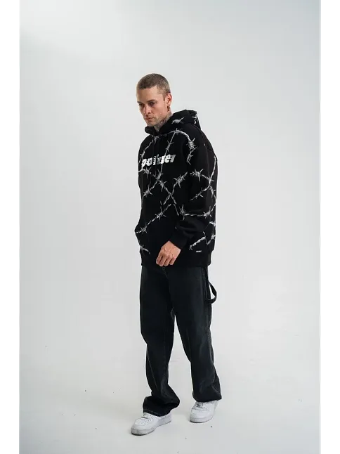 Unisex Kapşonlu Varak Ve Pano Baskılı Sweatshirt- Siyah